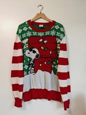 Peanuts Snoopy Christmas Sweater Jumper Lights Dog House Woodstock XL 