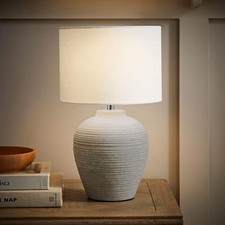 Reid Grey Ribbed Ceramic Table Lamp Linen Drum Lampshade Lounge Bedroom Light