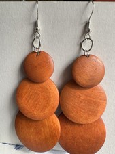 Earrings, Large Wooden Triple Disc, Fashion,new No Tags