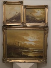 Vintage Impressionist Sea Lanscape Oil On Canvas Three Pieces