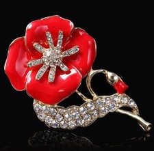 GOLD TONE RED ENAMAL  CRYSTAL ENCRUSTED  OR UK FLAG POPPIE BROOCH PIN