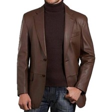 MEN'S GENUINE VINTAGE BROWN LEATHER BLAZER STYLE SLIM FIT CLASSIC COAT