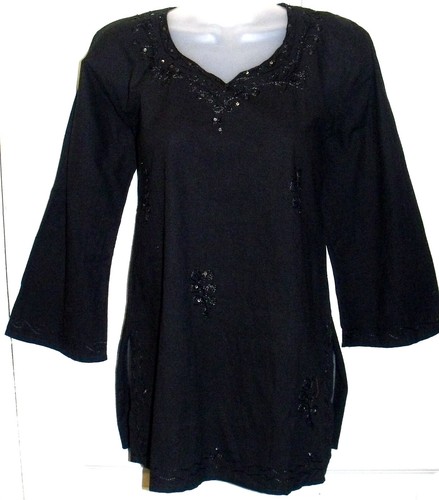 Black sequin cotton tunic - cotton, top