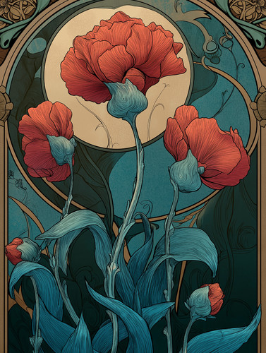 Red poppies with moon art - poppies,