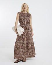 River Island Womens Maxi Dress Beige Leopard Drawstring Tiered Round Neck