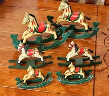 6 Folk Art Wooden Rocking Horses Hand Carved & Painted Primitive Figurines