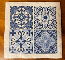 Handmade Ceramic Decoupaged COASTER BLUE MOSAIC/WHITE  Full cork back Heatproof