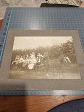 Antique Photo Photograph On Board Hay Rack Ride Horses Men Women