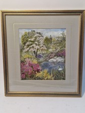 Cross stitch embroidery & oil painting mixed media Cherry blossom duck pond