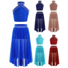 UK Girls Dancewear Lyrical Dress Side Skirt Irregular Outfit Cross Back Tango