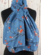 WOODLAND ROBIN &BERRIES SCARF DENIM BLUE CHRISTMAS SHAWL WRAP GIFT WRAP OPTION