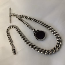ALBERT CHAIN FOB CARNELIAN BLOODSTONE HM SILVER ANTIQUE SINGLE GRADUATED 1905