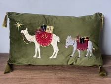 DUNELM GREEN VELVET CAMEL & DONKEY CUSHION FESTIVE CHRISTMAS 30 X 50CM DECOR