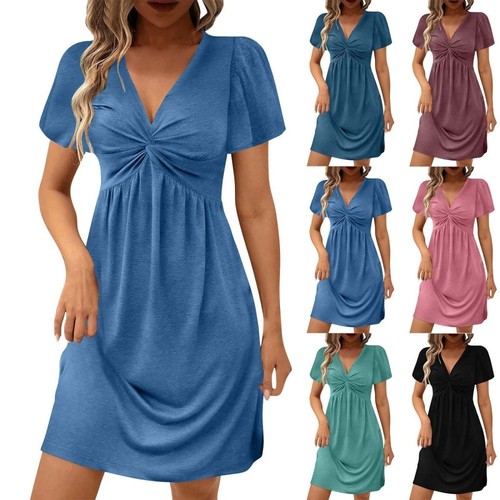 Neck dress women short - v,