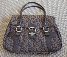 DKNY handbag brown Monogram genuine Iconic Logo Leather Handles Buckles 