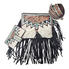 Matching Wallet Bag Set Tooled Leather Cowhide Cowgirl Fringe Purse Vintage Boho