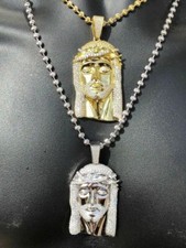 3" Jesus Pendant Piece Solid 925 Silver /14k Gold Plated ICY CZ & Moon Cut Chain