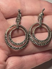 Sterling Silver and Marcasite Drop Earrings Antique Vintage.  7.7 Grams