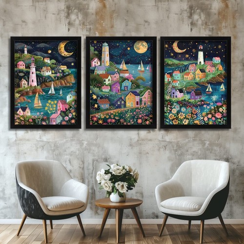 Coastal village wall art set - village,