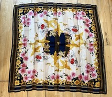 NOUVEAUTÉS 100% Silk Square Scarf Navy White Pink & Gold Floral & Bird Print 35”