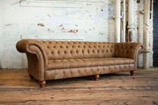 HANDMADE 4 SEATER TAN BROWN SOFT DISTRESSED VINTAGE LEATHER CHESTERFIELD SOFA
