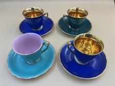 4 Vintage RGK Demitasse Cups Saucers Czechslovakia Cobalt Blue Green Gold Aqua