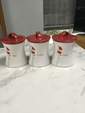 DUNELM TEA COFFEE SUGAR CERAMIC CANISTERS POPPY RED AND WHITE GREAT CONDITION
