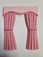 Dolls House Miniature Curtains - Pink Gingham - Flat pelmet - 9cm x 11cm