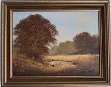 Les Parsons vintage oil painting autumn landscape boy fishing signed framed