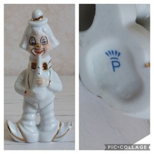 Vintage Clown Musician Figurine White Gild Porcelain Marked "P" 11.5cm Ornament