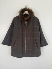 Joules Cape Swing Jacket Contessa Large Dark Green Check Wool Fur Collar Zip