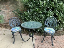 Vintage Metal Garden Bistro Set - Table +2 Chairs With Seat Cushions