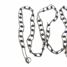 Antique Cut Steel Guard Chain Black Jet Bead Georgian Victorian Dog Clip 57" A/F