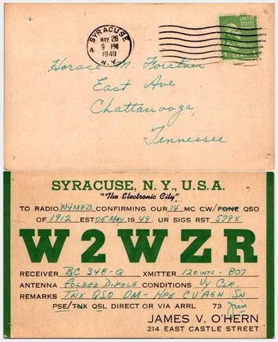 1949 qsl postcard w2wzr - postcard,