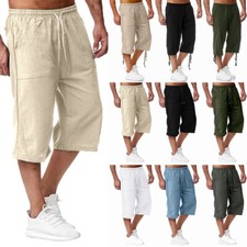 Men Cotton Linen 3/4 Length Cargo Shorts Elastic Waist Baggy Capri Cropped Pants