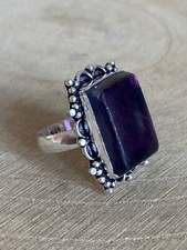 Fluorite Gemstone Ring Size M 1/2 Sterling Silver 925 Plated Oblong Bohemian