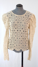 Zara Crochet Blouse Puff Long Sleeve Textured Top Hollow Out Chic Cotton Size L