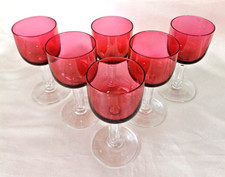 Set of 6 Edwardian Cranberry Bowl Hollow Blown Cylinder Stem Wine Glasses c1905