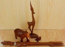 Vintage African Wooden Animals Ornaments Safari Elephant Gazelle Rhino & Fork