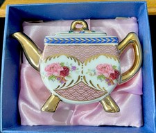 Miniature Bone China Roses & Gold Flat Sided Vintage Tea Pot In Original Box