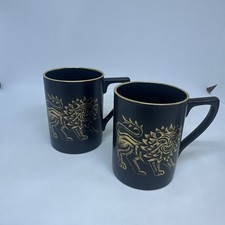 Vintage Portmeirion Gold Lion Coffee Cups Black  Set Of 2