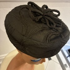 Vintage Satin Black Pillbox Hat with Bow Accent Comb Cream Lining Small