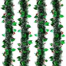 Christmas Tree Tinsel Green Holly Leaf & Berry Snow Tipped Berries Garland Decor