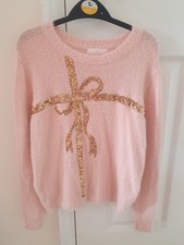Girls Pink Lipsy Sequin Bow Christmas Jumper Age 9-10 Years Worn Good Condition
