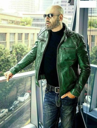 Men green leather biker - men's,