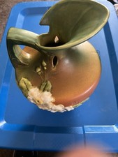 Roseville White Rose Brown Green 1940 Vintage Art Pottery Ceramic Ewer 990-10