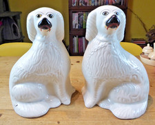 Pair Vintage Staffordshire 11" Wally Dogs Mantle Spaniels White Large One a/f