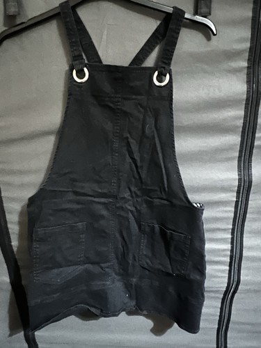 Black denim dungaree dress - black,