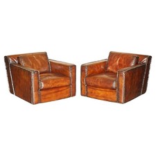 LUXURIOUS PAIR OF ART DECO FULLY RESTORED WHISKY BROWN LEATHER CLUB ARMCHAIRS