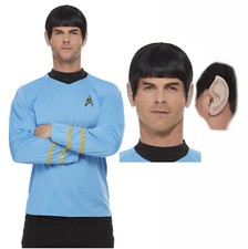 Star Trek Official Spock Blue Shirt Top Uniform 60s Fancy Dress Opt Wig + Ears